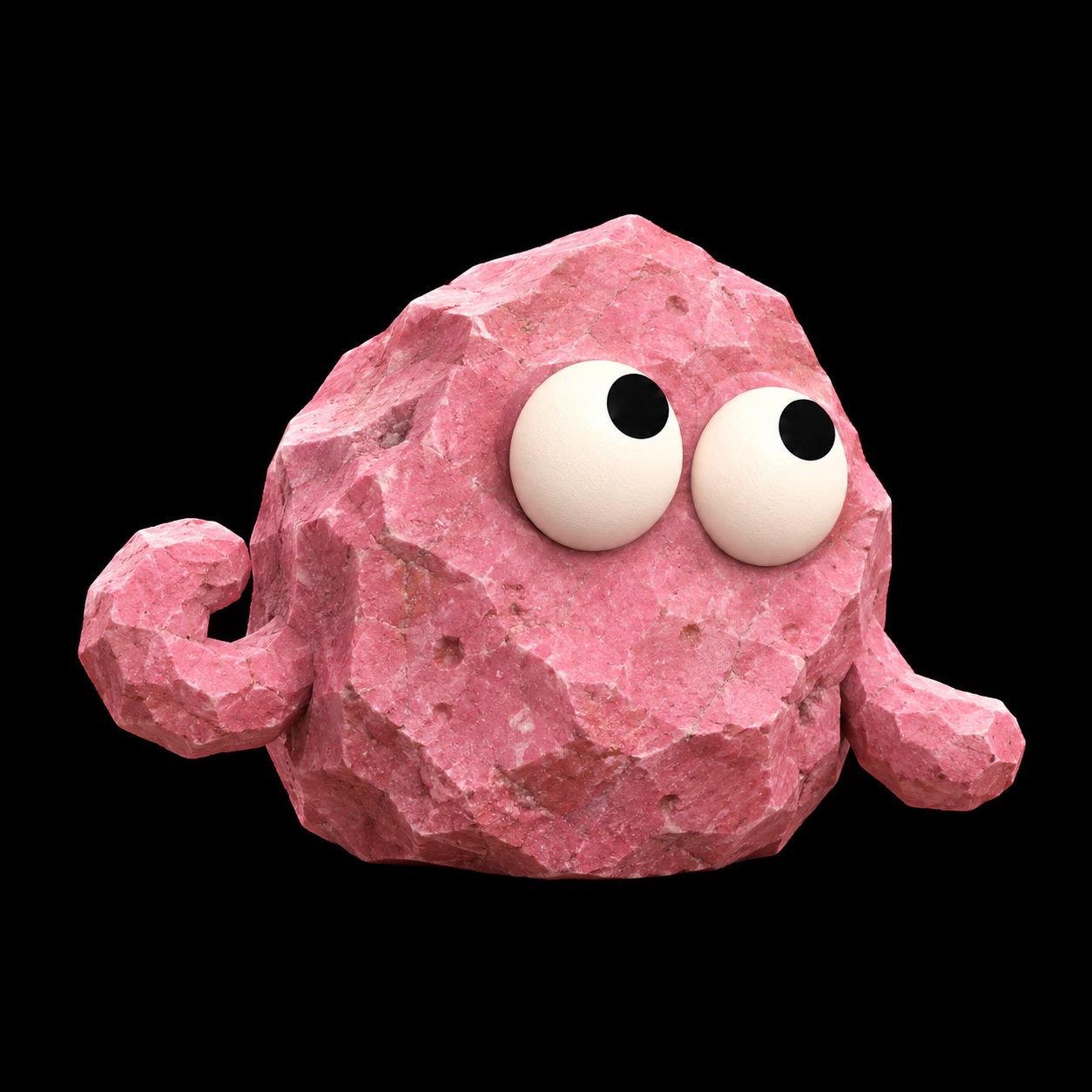 Pink Pebble with googly eyes and two raised arms on a black background